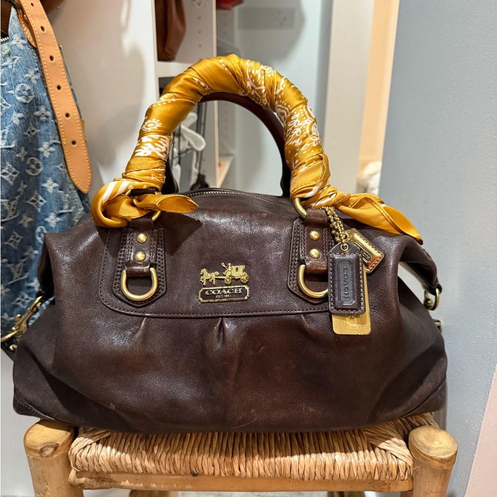 Coach Dark Brown Leather Satchel with Gold and Yellow Accents